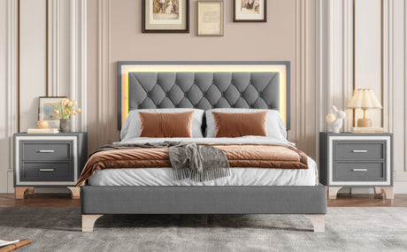 3-Pieces Bedroom Set, Queen Size Upholstered Platform Bed with LED Lights and Two Nightstands - Gray HouseOfZazla