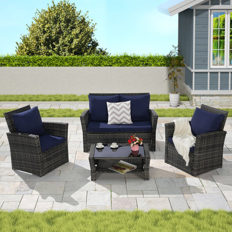 4 Pieces Outdoor Patio Furniture Set with Rattan Chairs and Tempered Glass Table HouseOfZazla