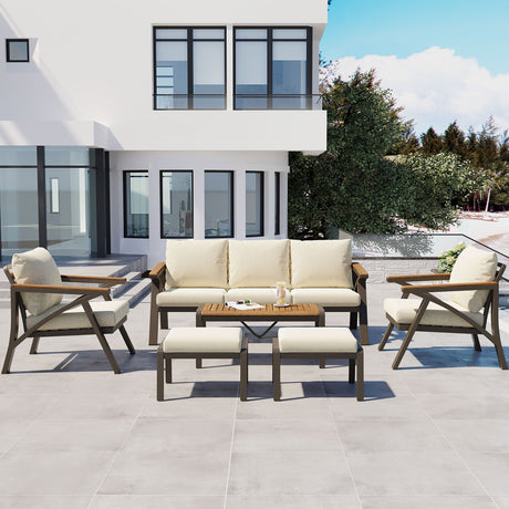 6-Piece Outdoor Patio Furniture Set with Steel Frame Sofa & Acacia Wood Table HouseOfZazla