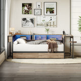 Corner Bed Frame Twin Size With Bookcase And 2 Underbed Storage Drawers, Modern Twin Bed With LED Light And Charging Station, Modern Daybed Reversible Left Or Right - Gray