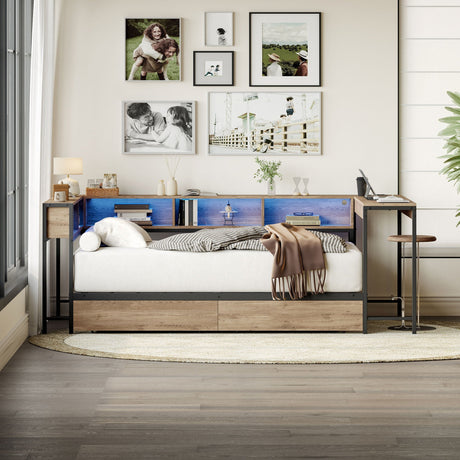 Corner Bed Frame Twin Size With Bookcase And 2 Underbed Storage Drawers, Modern Twin Bed With LED Light And Charging Station, Modern Daybed Reversible Left Or Right - Gray HouseOfZazla
