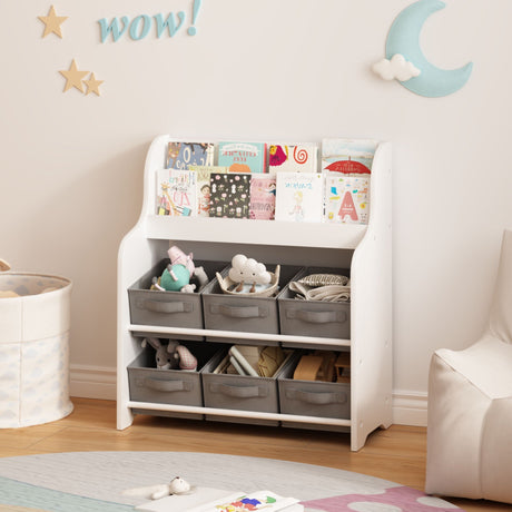 Bookshelf With 6 Storage Bins, Multi Functional Children's Bookcase And Toy Organizer - White HouseOfZazla