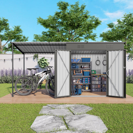 Lean To Shed With Open Sided Pergola, Outdoor Storage Shed & Attached Hardtop Gazebo Combo - Gray HouseOfZazla