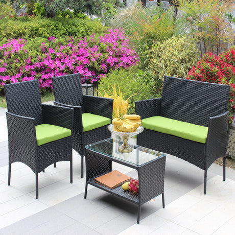 4 PC Rattan Patio Furniture Set Outdoor Cushioned Wicker Sofa Green Cushion HouseOfZazla