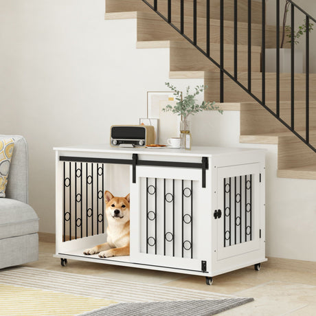 Dog Crate With Sliding Barn Door and Side Access, Lockable Wheels for Small to Medium Dogs - White HouseOfZazla
