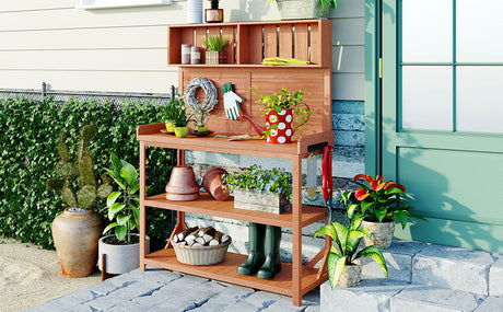 TOPMAX 65' Large Wooden Farmhouse Rustic Outdoor Potting Bench Table HouseOfZazla