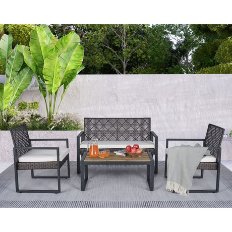 4 Piece Patio Furniture Set With Acacia Wood Table Top And Cushions HouseOfZazla