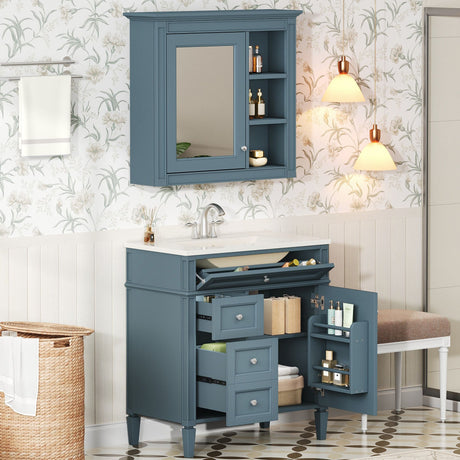 Bathroom Vanity With Medicine Cabinet, Royal Mirror Cabinet, Modern Bathroom Storage Cabinet With 2 Soft Closing Doors And 4 Drawers HouseOfZazla