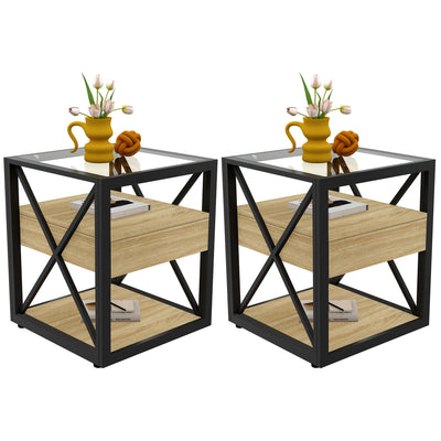 Set of 2 Modern End Tables with Drawer - Nightstands for Bedroom & Living Room