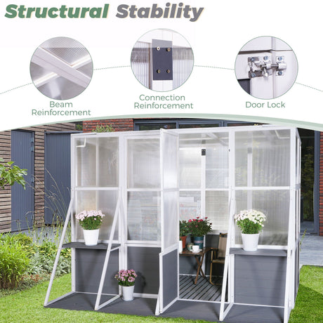 Greenhouse, Wooden Lean To Greenhouses For Outdoors, Heavy Duty Walk In Green House For Outside Winter, Large Hot House For Sunroom Storage Shed, Garden, Backyard - White / Gray HouseOfZazla