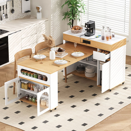 Extendable Dining Table With Folding Top, Rolling Kitchen Island With Drawers And Power Outlet HouseOfZazla