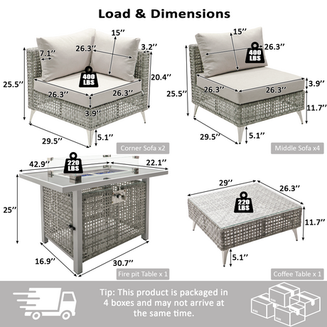 K&K Patio 8-Piece Patio Furniture Set with 43" Fire Pit Table HouseOfZazla