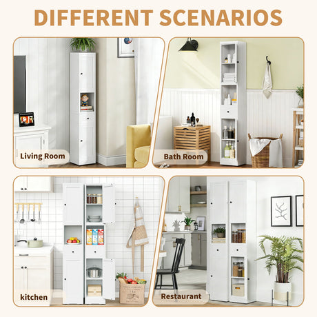 Tall Bathroom Storage Cabinet, 5-Tier Narrow With 2 Doors & Adjustable Shelves, Freestanding - White HouseOfZazla
