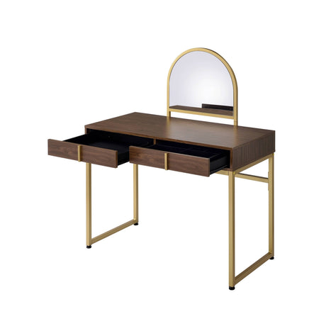 Coleen Walnut & Gold Finish Vanity Desk with Mirror & Jewelry Tray HouseOfZazla