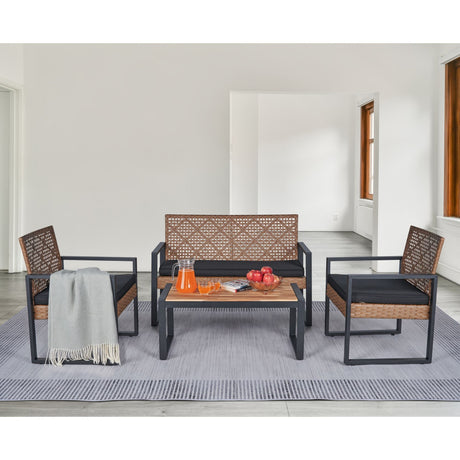 4 Piece Patio Furniture Set With Acacia Wood Table Top And Cushions HouseOfZazla