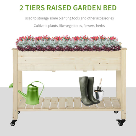 Outsunny - Raised Garden Bed, 47" x 22" x 33", Elevated Wooden Planter Box With Lockable Wheels, Storage Shelf, And Bed Liner For Backyard, Patio - Natural HouseOfZazla