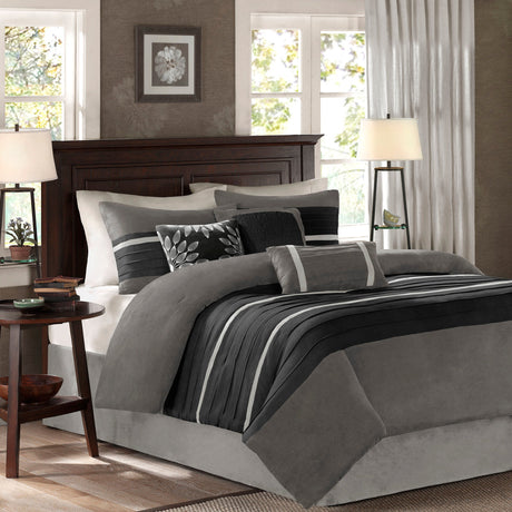 7 Piece Faux Suede Comforter Set Black California King HouseOfZazla