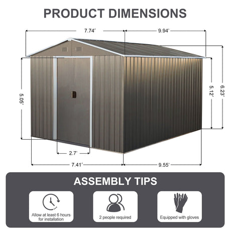 8X10Ft Outdoor Metal Storage Shed - Gray HouseOfZazla