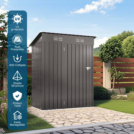 5 X 3 Ft Durable Metal Shed Outdoor Storage Shed With Pitched Roof And Lockable Door - Gray HouseOfZazla