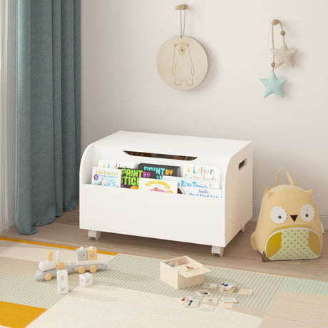 Toy Box With 4 Universal Wheels, Kids Playroom Storage Organizer With Front Bookshelf, Flip Top Lid, Safety Hinge - White HouseOfZazla