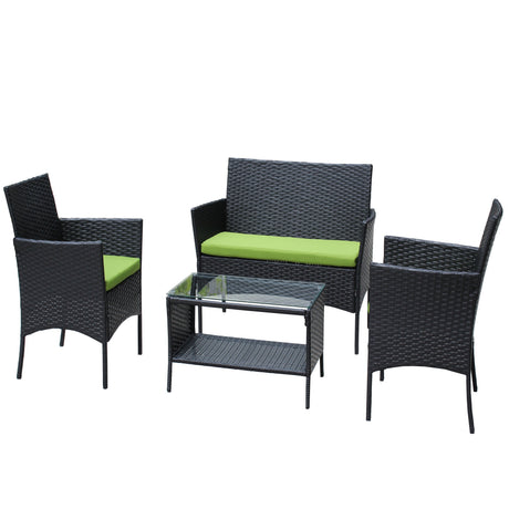 4 PC Rattan Patio Furniture Set Outdoor Cushioned Wicker Sofa Green Cushion HouseOfZazla