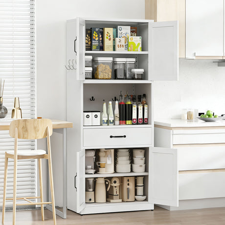 Kitchen Pantry Cabinet With Adjustable Shelves, Drawers, Hooks And Large Countertop - White HouseOfZazla