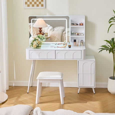 Modern Makeup Vanity Desk With LED Lights & Mirror 4 Drawer Dressing Table Set Space Saving For Bedroom - White HouseOfZazla