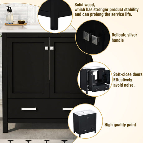 Bathroom Vanity With Single Sink, Combo Cabinet Undermount Sink, Bathroom Storage Cabinet With Two Doors And A Drawer, Soft Closing, Multifunctional Storage, Solid Wood Frame HouseOfZazla