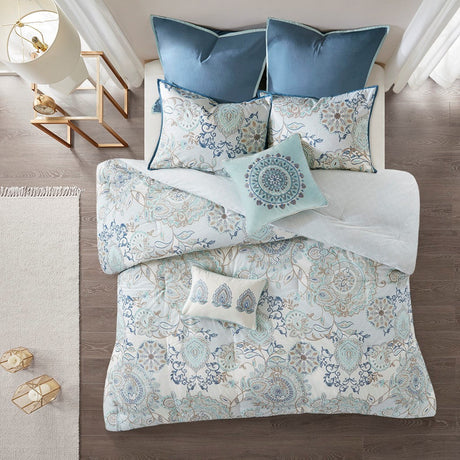 8 Piece Cotton Floral Printed Reversible Comforter Set Blue HouseOfZazla