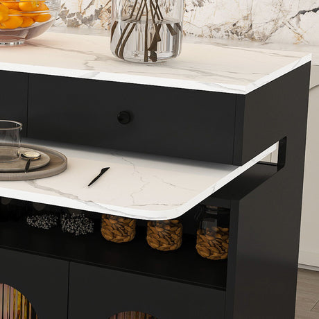 Kitchen Island With Extendable Rotating Table, 4 Drawers & Glass Door Cabinets, Built In Socket - Black HouseOfZazla