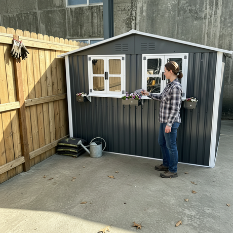 6x9 FT Outdoor Metal Storage Shed with Window & Flower Rack HouseOfZazla