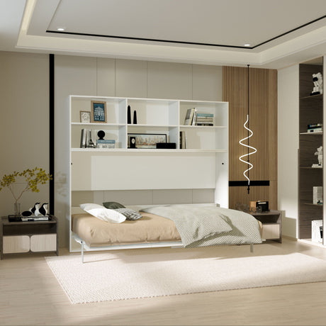 Mordern Design Twin Size Horizontal Murphy Bed With Shelf Storage For Bedroom Or Guestroom Wall Bed Space Saving Hidden Bed With New Style Gas Struts - White HouseOfZazla