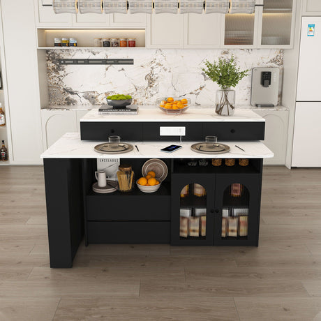 Kitchen Island With Extendable Rotating Table, 4 Drawers & Glass Door Cabinets, Built In Socket - Black HouseOfZazla