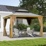 10' x 14' Hardtop Gazebo with Galvanized Steel Double Roof and Wood Grain Frame