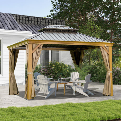 10' x 14' Hardtop Gazebo with Galvanized Steel Double Roof and Wood Grain Frame HouseOfZazla
