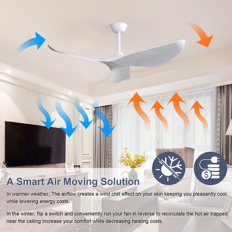 Indoor Ceiling Fan Without Light, 6 Speeds Reversible DC Motor, 3 ABS Blade Ceiling Fan White For Bedroom - White HouseOfZazla