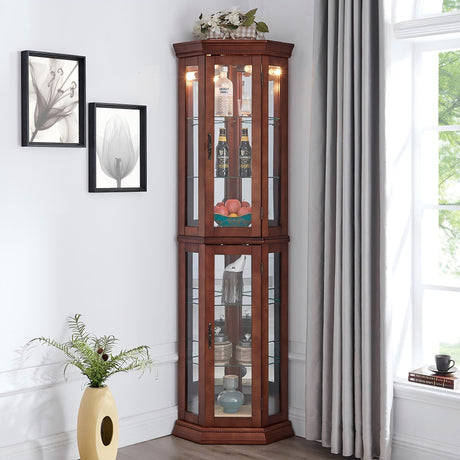 Corner Curio Cabinet With Lights, Adjustable Tempered Glass Shelves, Mirrored Back, Display Cabinet (E26 Light Bulb Not Included) HouseOfZazla