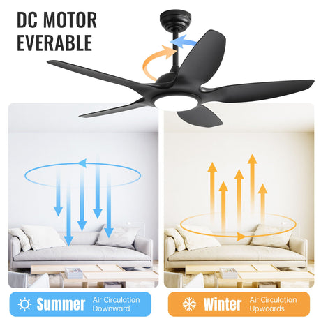 Ceiling Fan With Dimmable LED Light And Remote Control, 5 Blades DC Motor - Black HouseOfZazla