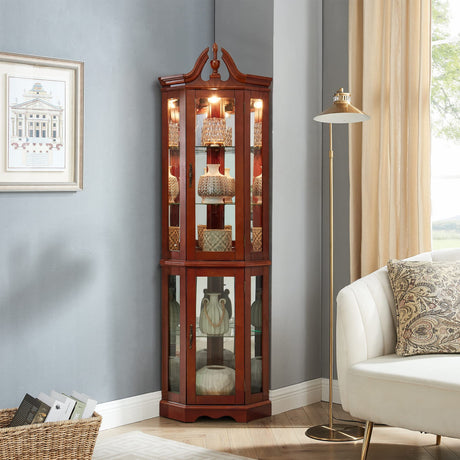 Corner Curio Cabinet With Lights, Adjustable Tempered Glass Shelves, Display Cabinet (E26 Light Bulb Not Included) - Mirrored / Walnut HouseOfZazla