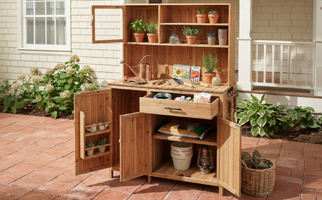 TOPAMX Potting Bench with Hutch, Solid Fir Wood Garden Workstation HouseOfZazla