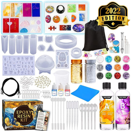 Epoxy Resin Silicone Molds Starter Kit All in One Home Decor Art Clear Craft Kit Storage Bag Spoons Gold Foil Flakes WoodArtSupply