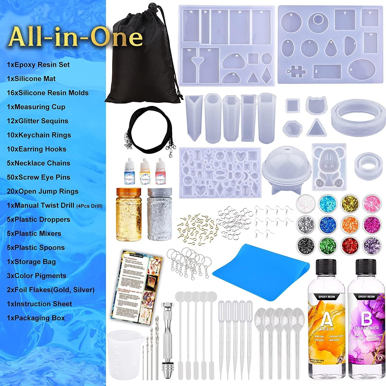 Epoxy Resin Silicone Molds Starter Kit All in One Home Decor Art Clear Craft Kit Storage Bag Spoons Gold Foil Flakes WoodArtSupply