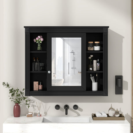 Wall-Mounted Bathroom Storage Cabinet With Mirror, 6 Open Shelves - Black HouseOfZazla