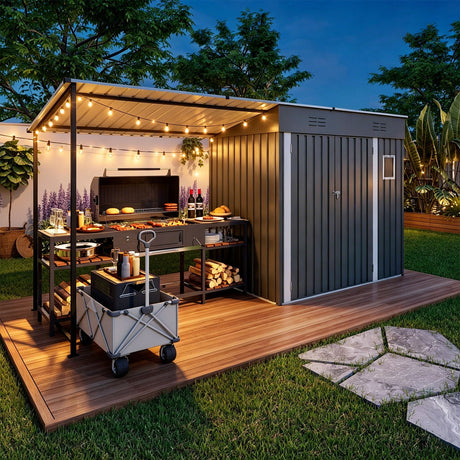 Lean To Shed With Open Sided Pergola, Outdoor Storage Shed & Attached Hardtop Gazebo Combo - Gray HouseOfZazla