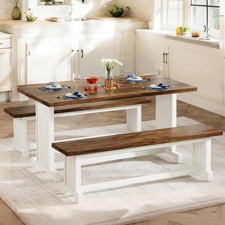 3 Piece Dining Table Set For 2 - 4, With Space Saving Benches - Brown / White HouseOfZazla