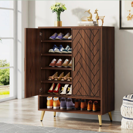 6 Tier Wooden Entryway Shoe Cabinet, Wide Storage Unit For 24 Pairs Of Shoes - Walnut HouseOfZazla