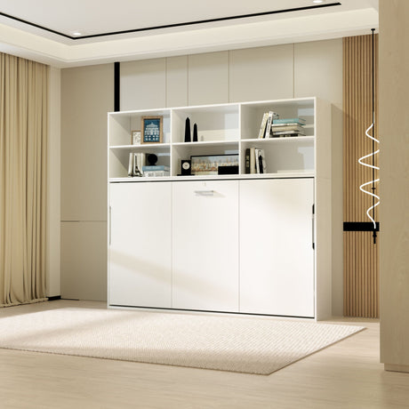 Mordern Design Twin Size Horizontal Murphy Bed With Shelf Storage For Bedroom Or Guestroom Wall Bed Space Saving Hidden Bed With New Style Gas Struts - White HouseOfZazla