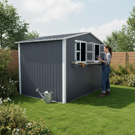 6x9 FT Outdoor Metal Storage Shed with Window & Flower Rack HouseOfZazla