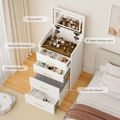 Compact 3 In 1 Vanity Desk With Open Top Mirror, Glass Desktop, 5 Height - White HouseOfZazla