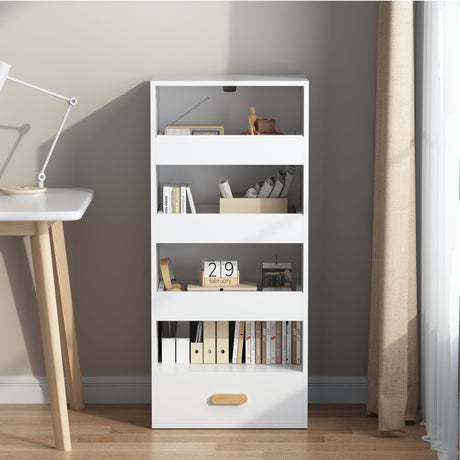4 Tier Freestanding Bookshelf With 3 Sliding Drawers And 1 Bottom Drawer - White HouseOfZazla